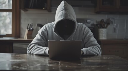 Wall Mural -   A person, clad in a hoodie, sits at a table, focusing on a laptop computer in front of him