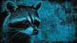   A tight shot of a raccoon against a blue backdrop, its face Texturized with grunge effects