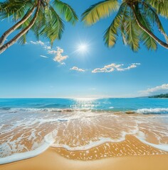 Canvas Print -   A beach view with palm trees and the sun illuminating their leaves above the water