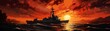 Sunset silhouette of a destroyer on patrol, its outline stark against a fiery sky, conveying peacekeeping and vigilance