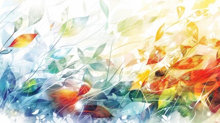 Sticker -   A vibrant painting of colored flowers and leaves against a pristine white backdrop, with a vivid splash of color on the left side