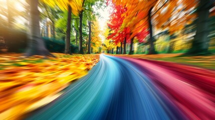 Wall Mural -    a fall road with leaves on the ground and trees lining the opposite side