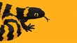   A gecko with black-and-yellow stripes is situated against a yellow background, its back bearing the same striking pattern
