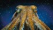   A tight shot of an octopus beneath a blue sky, adorned with bubbles clinging to its back and sides
