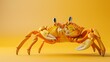   A tight shot of a yellow crab against a uniform yellow backdrop, displaying two eyes and two pincers atop its head