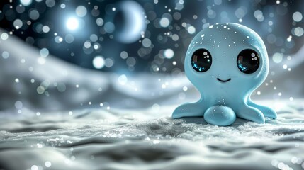 Poster -   A tight shot of a miniature toy octopus on a flat surface, surrounded by a hazy backdrop of snowflakes and bubbles