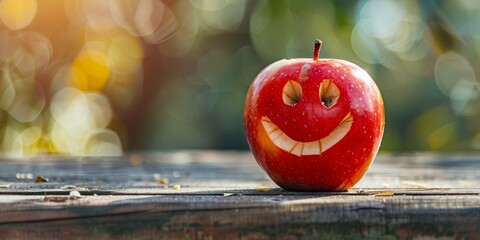   A red apple, sporting a smile, sits on a weathered wooden table against a softly blurred backdrop