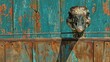   A tight shot of a bird perched on a fence, adjacent to a weathered wooden wall with chipped, rusted paint