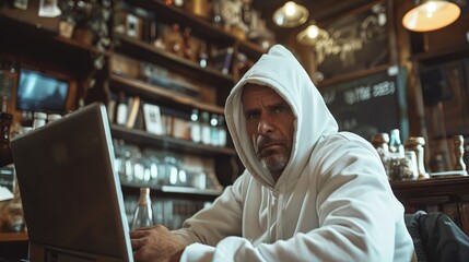Wall Mural -   A man in a white robe sits at a table, a laptop before him Shelves behind hold bottles