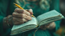   A Person Closely Holds A Book In One Hand, Pen In The Other Hand