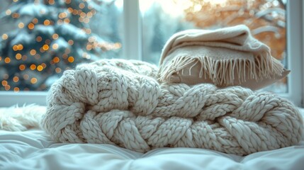 Wall Mural -   A blanket lies atop a bed beside a window Out of focus in the background, a Christmas tree stands