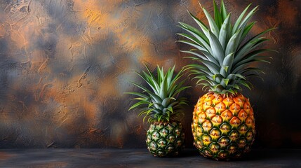    Two pineapples placed side by side on a wooden table against a wall