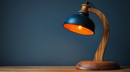 Canvas Print -   A desk lamp with a wooden base and a blue bulb atop a wooden stand sits on a wooden table