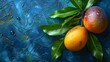   A few oranges atop a verdant branch, adorned with water droplets on its leafy surface