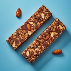 Canvas Print -   Two bars of chocolate with nuts and almonds, one on each side, against a blue background