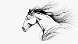 Fototapeta  -   A monochrome depiction of a horse's head with flowing mane, billowing in the wind against a pristine white backdrop