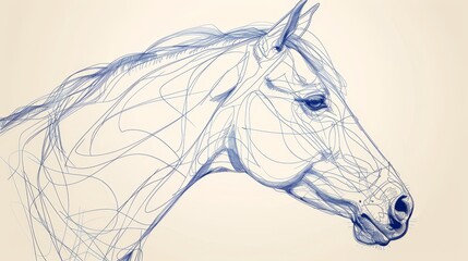 Wall Mural -   A horse's head drawing is depicted in blue ink against a beige background, not against a white one