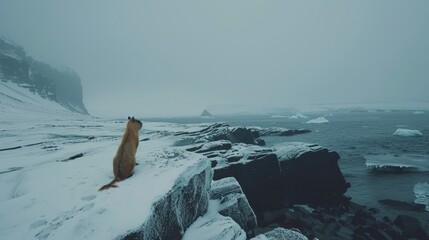 Wall Mural -   A brown animal atop a snow-capped cliff overlooks a body of water dotted with icebergs