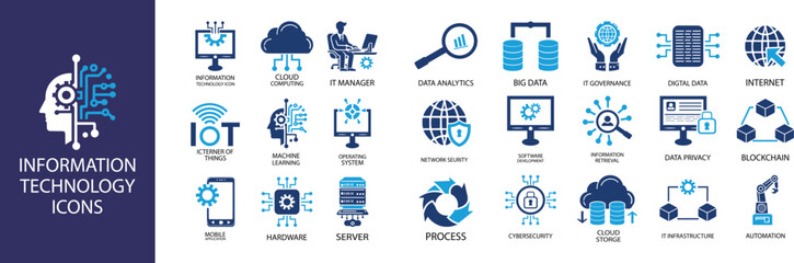 information technology icon set. containing cloud computing, it manager, big data, data analytics, i