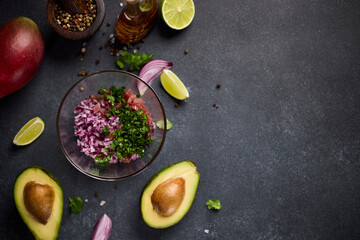 Canvas Print - cooking traditional tuna tartare - chopped tuna, cilantro and onion in a glass bowl