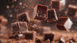 Fudge squares airborne in a rich dynamic chocolate confectionery scene