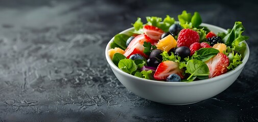 Sticker - a bowl of healthy fresh fruit with salad leaves isolated on dark background