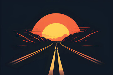 Wall Mural - Illustration of a Highway with beautiful view of sunset. Highway landscape vector background. 