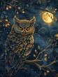 Stunning luxury background with a majestic owl, depicted in fine golden lines against a backdrop of a moonlit night forest, evoking mystery and elegance