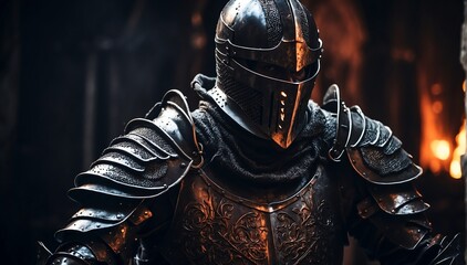 Wall Mural - a black theme knight warrior on medieval era with glowing armor from Generative AI
