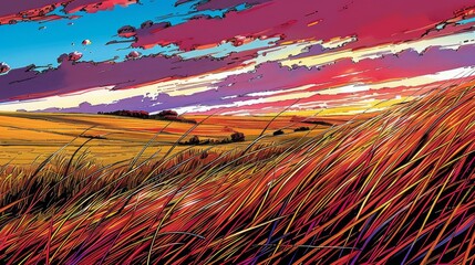 Wall Mural - A beautiful sunset over a field of grass