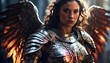 a female angel theme knight warrior on medieval era with glowing armor from Generative AI