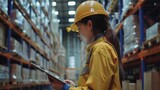 Fototapeta  - Side view of a young woman worker using digital tablet checking in warehouse