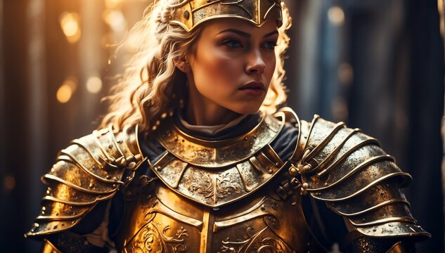 a female gold theme knight warrior on medieval era with glowing armor from Generative AI