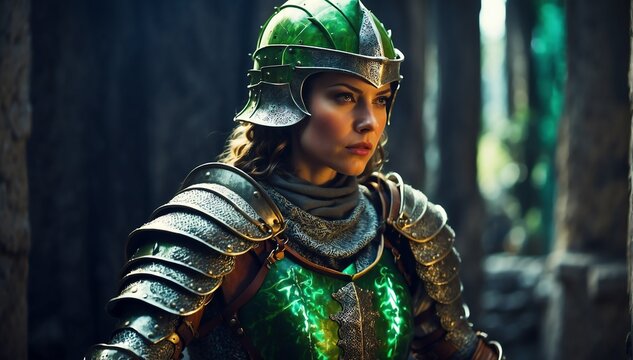 a female green theme knight warrior on medieval era with glowing armor from Generative AI