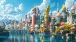 In a traditional medium, paint a frontal view of a utopian cityscape blending dreams and psychological concepts, featuring surreal architecture and vivid colors