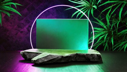 Poster - Empty product podium with jade green rectangle, polished stone, zen style, against  forest