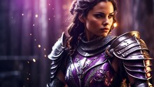 A Female Purple Theme Knight Warrior On Medieval Era With Glowing Armor From Generative AI