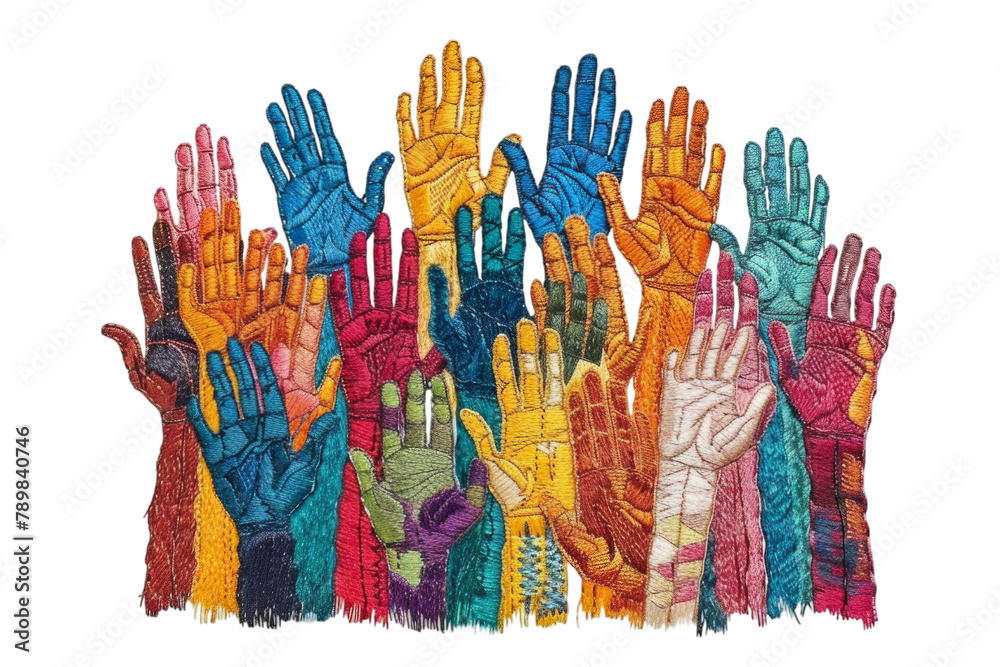 Colorful raised hands in unity embroidery. Embroidered patch badge of ...