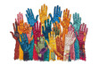 Colorful raised hands in unity embroidery. Embroidered patch badge of hands reaching upwards in a spectrum of colors isolated on transparent background. Diversity, community, and support concept