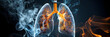  lungs in smoke and cigarettes in cigarette butts and rotten destroyed patient lungs cancerous lungs unhealthy lifestyle.