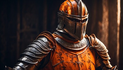 Wall Mural - a orange theme knight warrior on medieval era with glowing armor from Generative AI