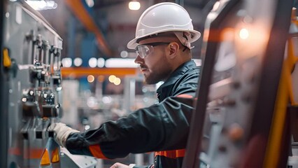 Poster - a male engineer in a hard hat and safety glasses operating a large machine in a factory