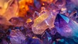 Macro shot of a cluster of geological crystals combining amethyst, quartz, and garnet, with each crystal's clarity and shine being the focal point