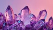 Dramatic display of geological crystals, focusing on the deep purple of amethyst against a contrasting light pink backdrop