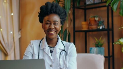 Wall Mural - Black woman, doctor in portrait and healthcare, smile in office and laptop, medical professional and happy in career. Female physician, hands and health mindset with cardiologist at clinic and leader