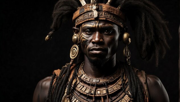 ancient african warrior portrait on plain black background from Generative AI