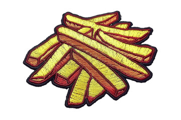 French fries embroidery. Embroidered patch badge of a pile of golden fried potatoes isolated on transparent background. Fast food and snack concept