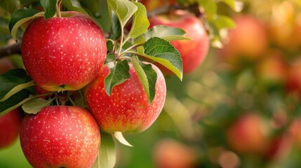 Wall Mural - group of ripe red apple fruit on field, on harvest time