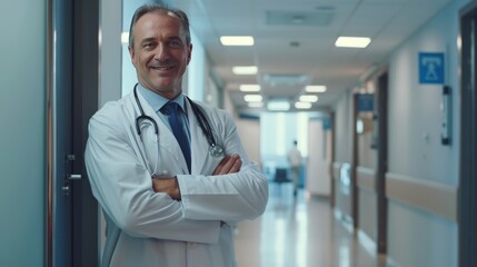 Wall Mural - Portrait of happy mature doctor with folded arms standing at hospital hallway. Confident male doctor in a labcoat and stethoscope looking at camera with satisfaction. Smiling general practitioner