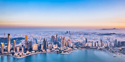 Wall Mural - Aerial photography of the early morning scenery of the Fushan Bay Coastal Architecture Complex in Qingdao, Shandong, China